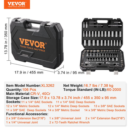 Vevor 106 Piece Drive Socket And Ratchet Set, 6-Point Socket