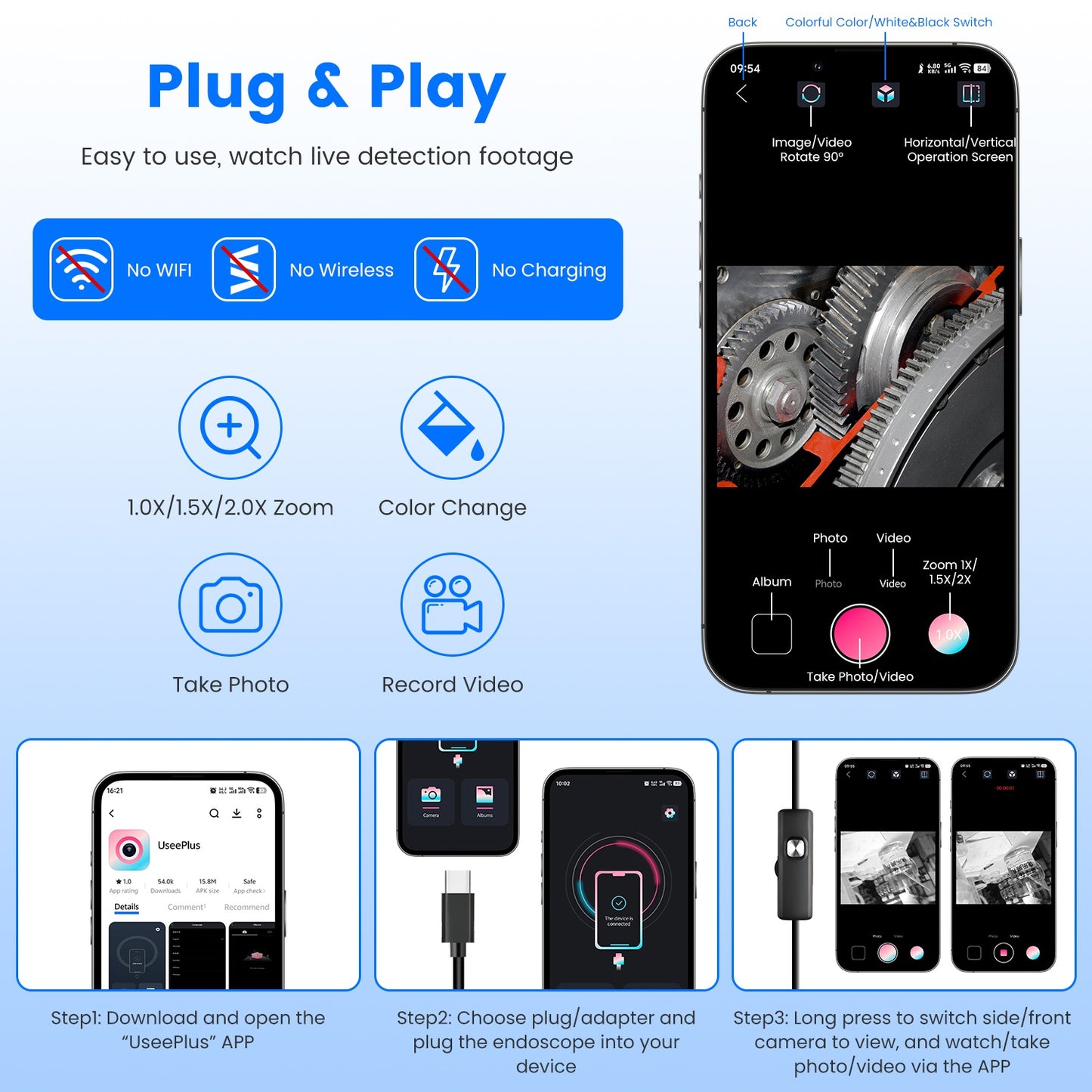 1Set Endoscope Camera 1920P HD IP67 Waterproof Inspection Borescope Tool With Light And 8 & 1 Dual Lens 16.4ft Semi Rigid Snake Cable Stepless Brightness APP Control For IOS And Android