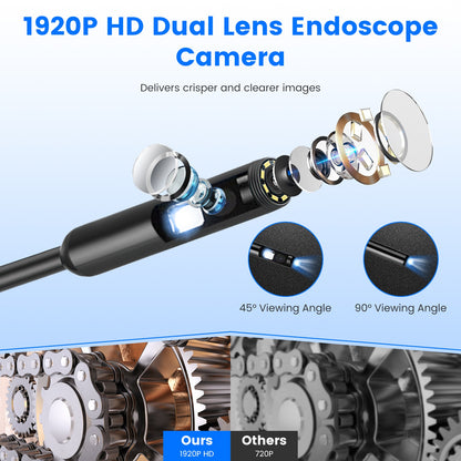 1Set Endoscope Camera 1920P HD IP67 Waterproof Inspection Borescope Tool With Light And 8 & 1 Dual Lens 16.4ft Semi Rigid Snake Cable Stepless Brightness APP Control For IOS And Android
