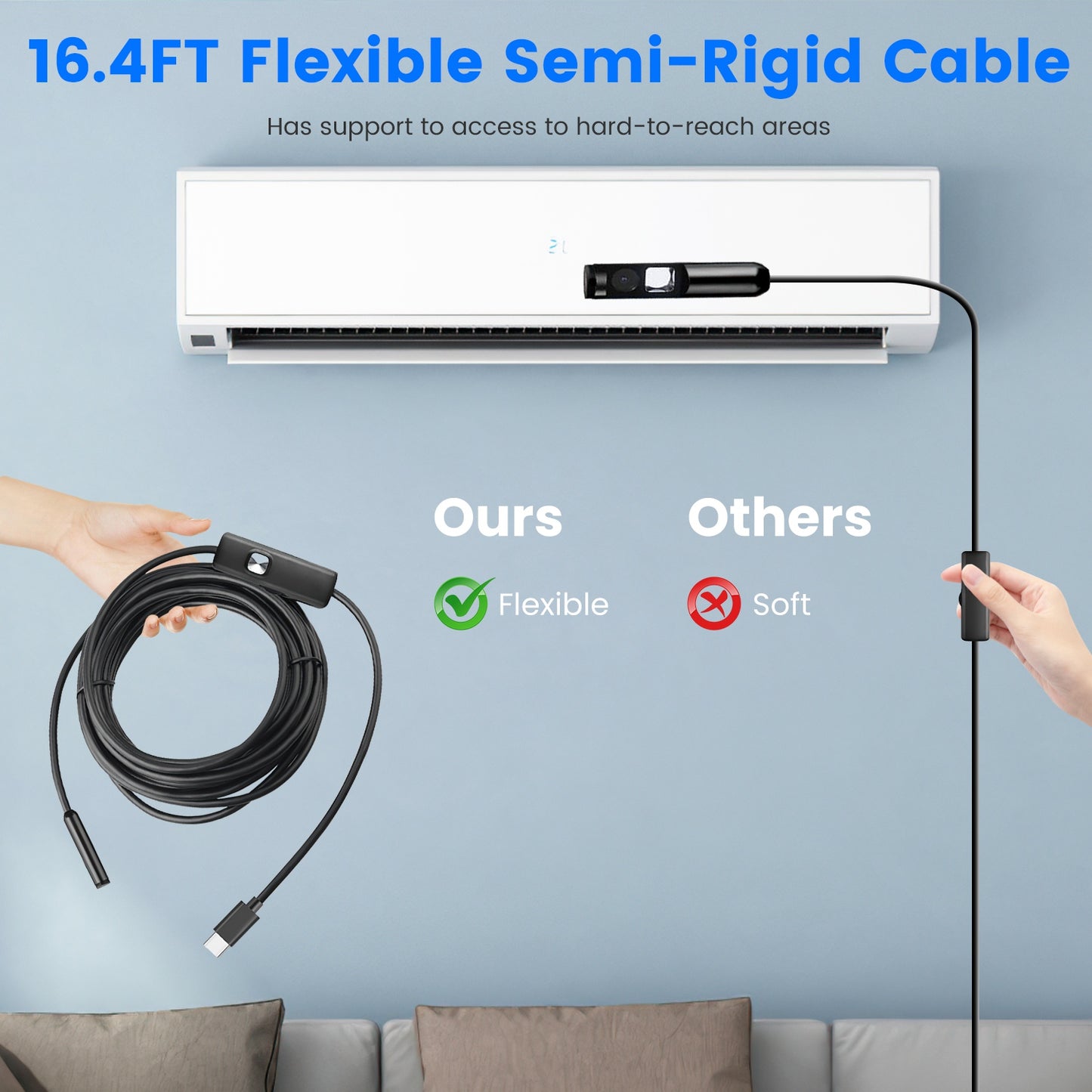 1Set Endoscope Camera 1920P HD IP67 Waterproof Inspection Borescope Tool With Light And 8 & 1 Dual Lens 16.4ft Semi Rigid Snake Cable Stepless Brightness APP Control For IOS And Android