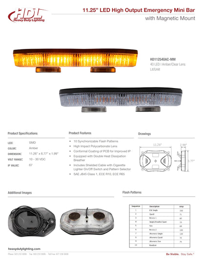11.25” LED High Output Emergency 10 Pattern Strobe Magnetic Mini Rooftop Light Bar