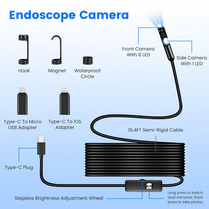 1Set Endoscope Camera 1920P HD IP67 Waterproof Inspection Borescope Tool With Light And 8 & 1 Dual Lens 16.4ft Semi Rigid Snake Cable Stepless Brightness APP Control For IOS And Android