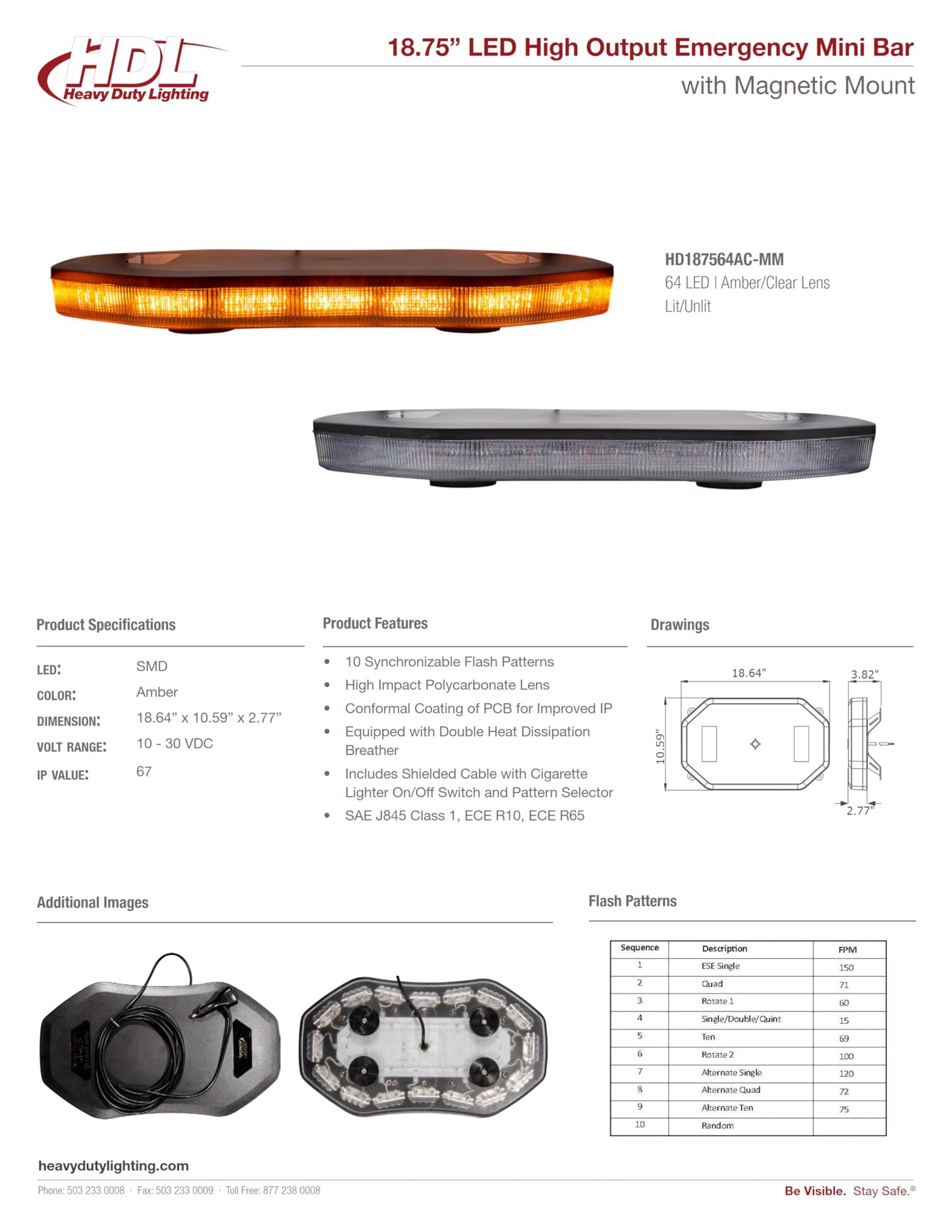 Heavy Duty Lighting 18.75” LED High Output Emergency 10 Pattern Strobe Magnetic Mini Rooftop Light Bar