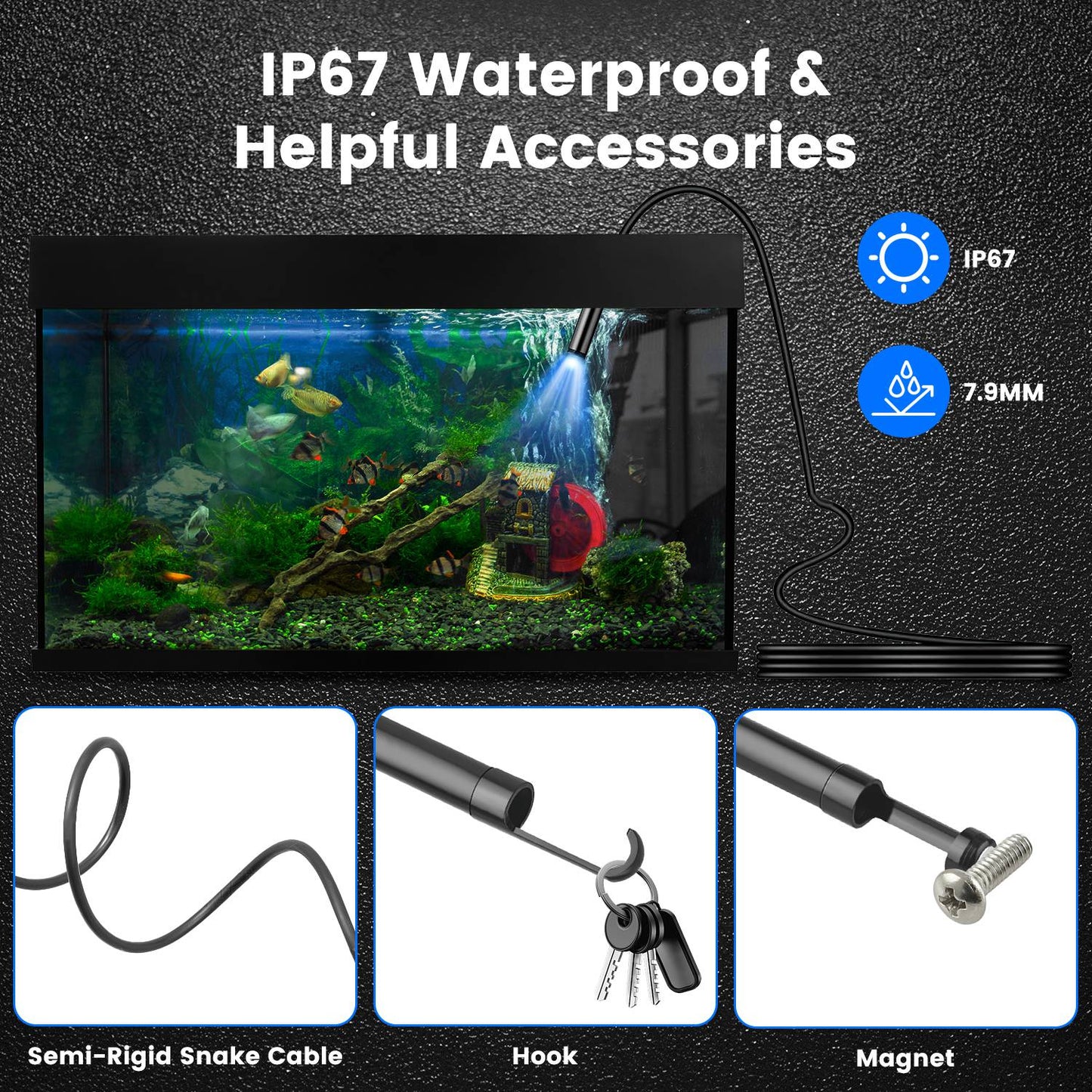 1Set Endoscope Camera 1920P HD IP67 Waterproof Inspection Borescope Tool With Light And 8 & 1 Dual Lens 16.4ft Semi Rigid Snake Cable Stepless Brightness APP Control For IOS And Android
